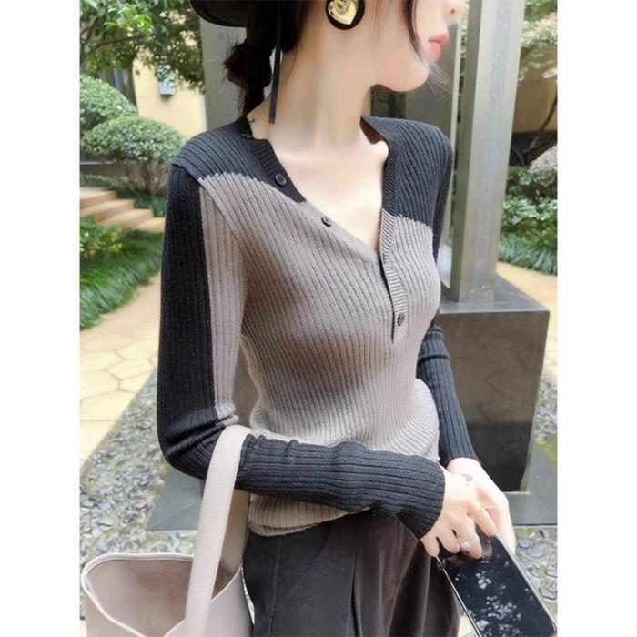 Long Sleeve V-Neck Two Tone Button Ribbed Knit Top Product Image