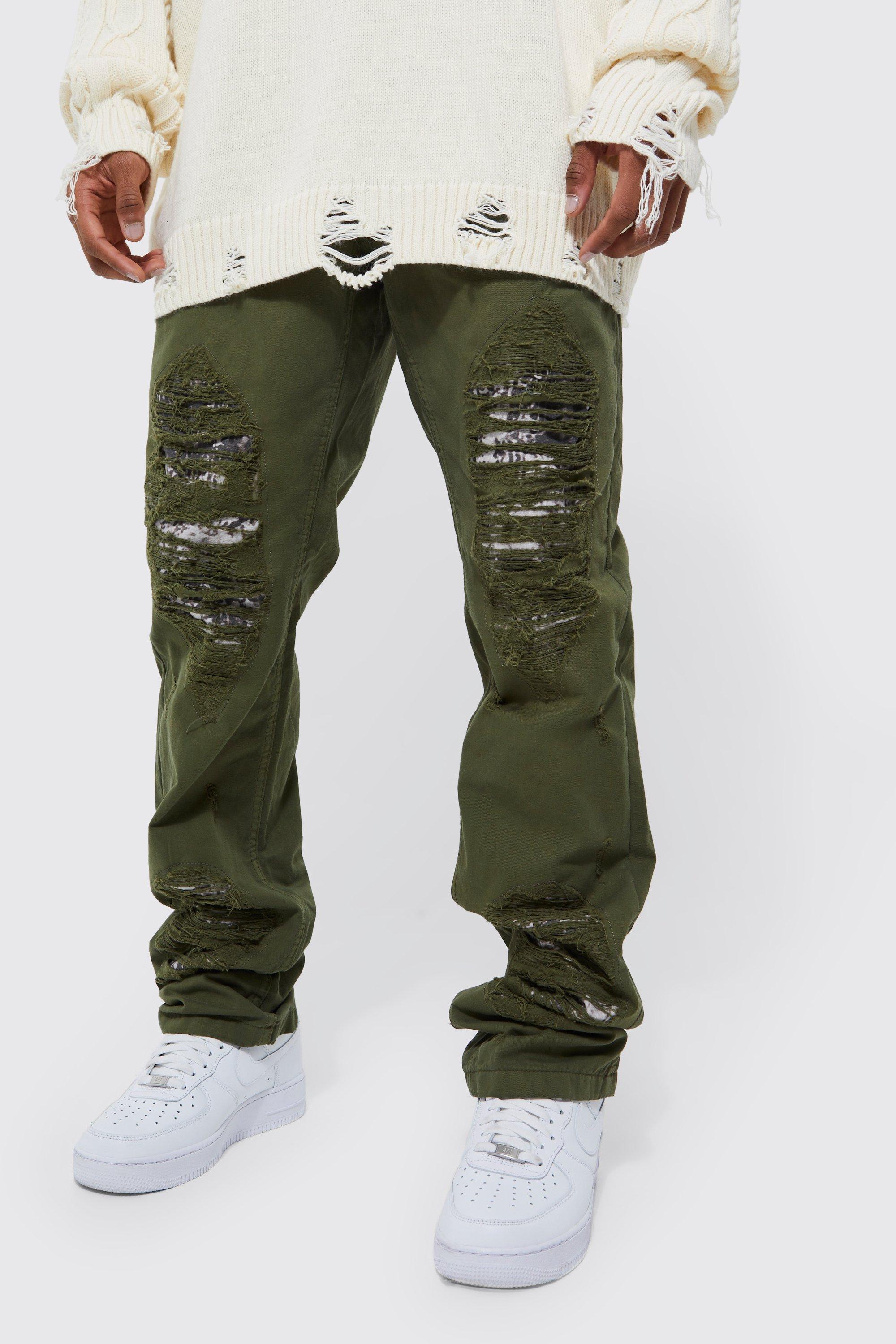 Fixed Waist Straight Stacked Camo Rip Cargo Pants | boohooMAN USA Product Image