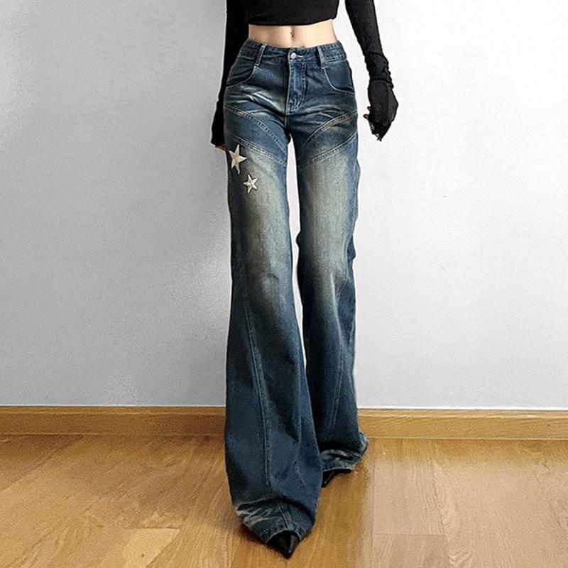 Low Waist Star Applique Washed Straight-Fit Wide-Leg Jeans Product Image