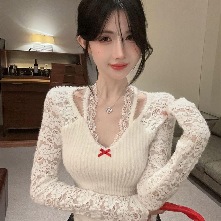 Long-Sleeve V-Neck Bow Lace Panel Ribbed Knit Top Product Image