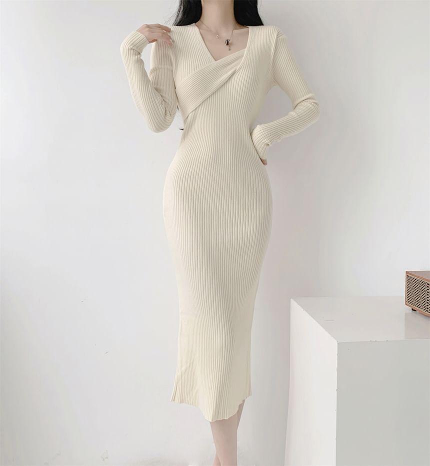 Long-Sleeve Asymmetrical Neck Plain Ribbed Knit Midi Sheath Dress Product Image