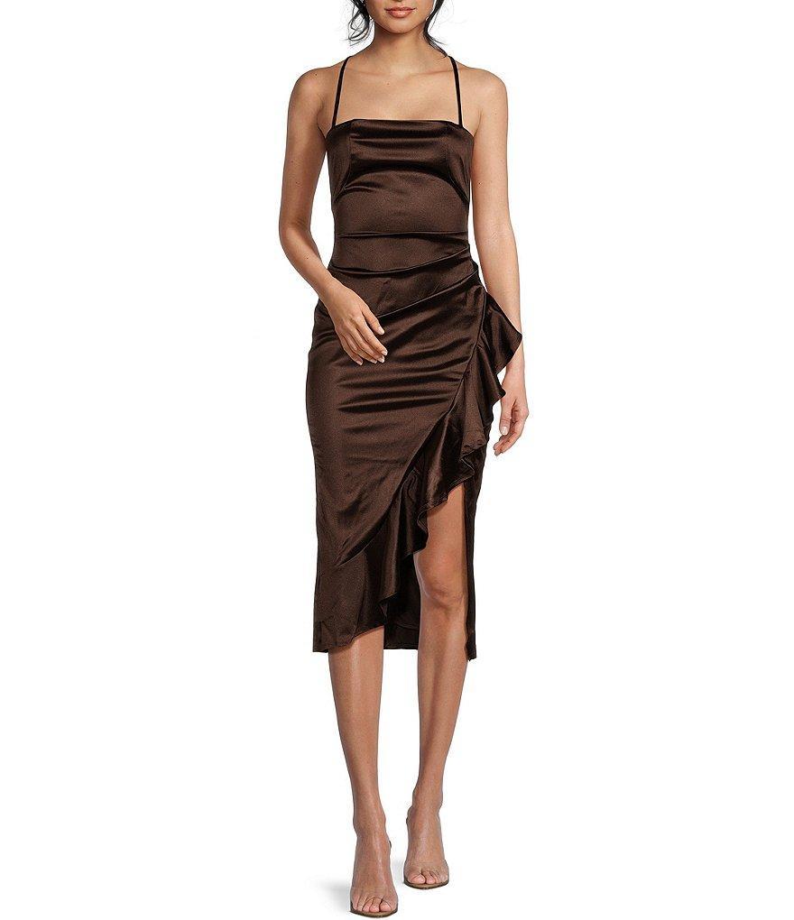 Honey and Rosie Satin Spaghetti Straps Pleated Ruffle Detail Midi Dress Product Image