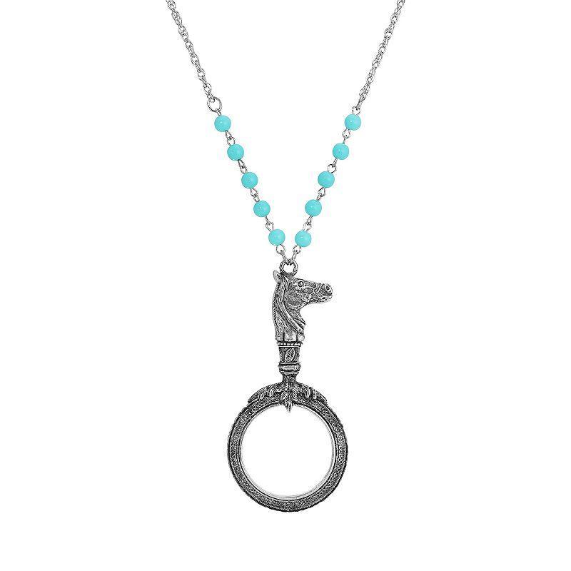 1928 Silver Tone Horse Magnifying Glass Light Blue Beads Necklace, Womens, Gray Product Image