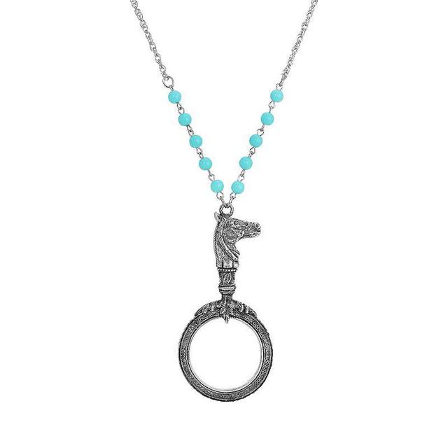 1928 Silver Tone Horse Magnifying Glass Light Blue Beads Necklace, Womens, Gray Product Image