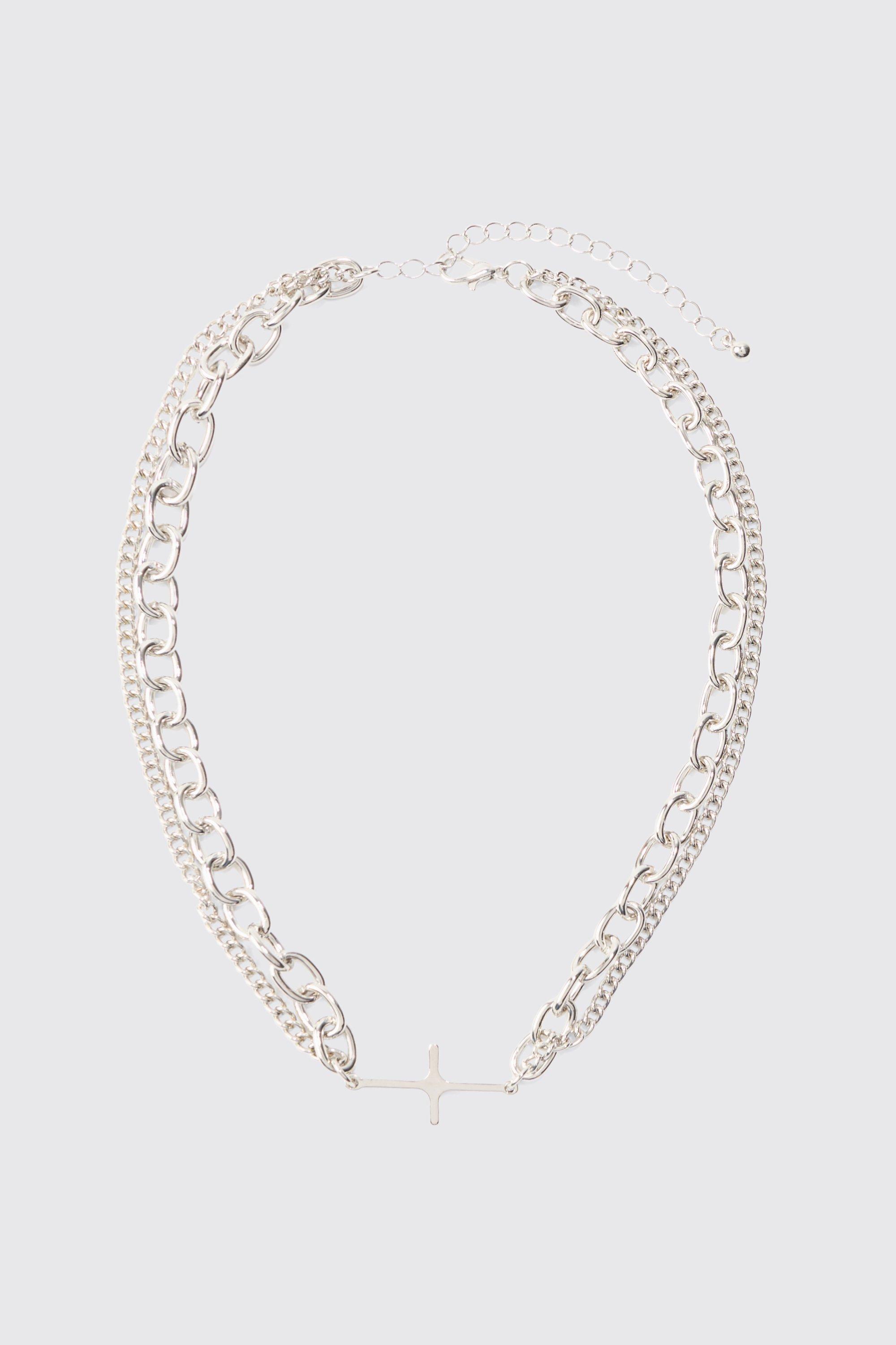 Cross Pendant Chunky Chain Bracelet In Silver | boohooMAN USA Product Image