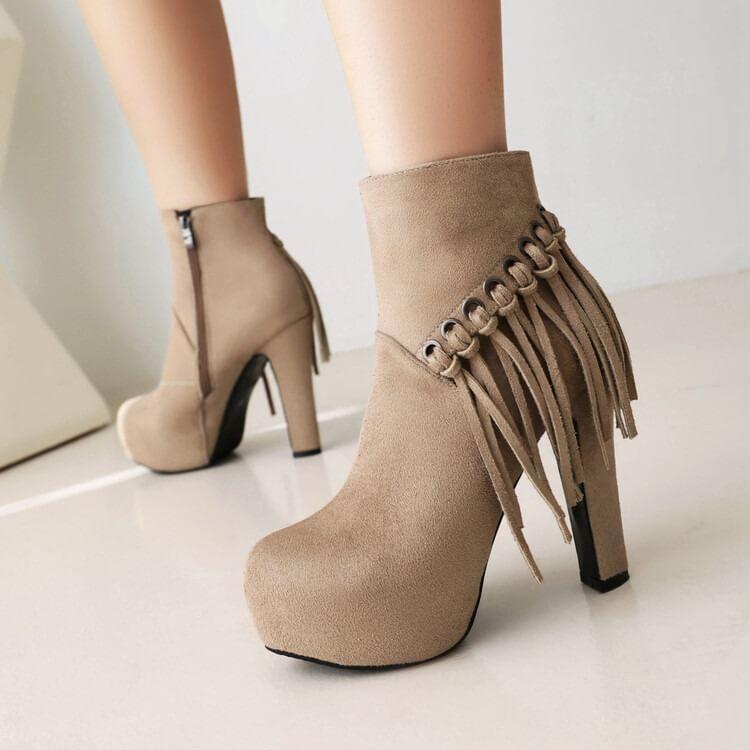 High Heel Fringe Plain Zip Short Boots product image