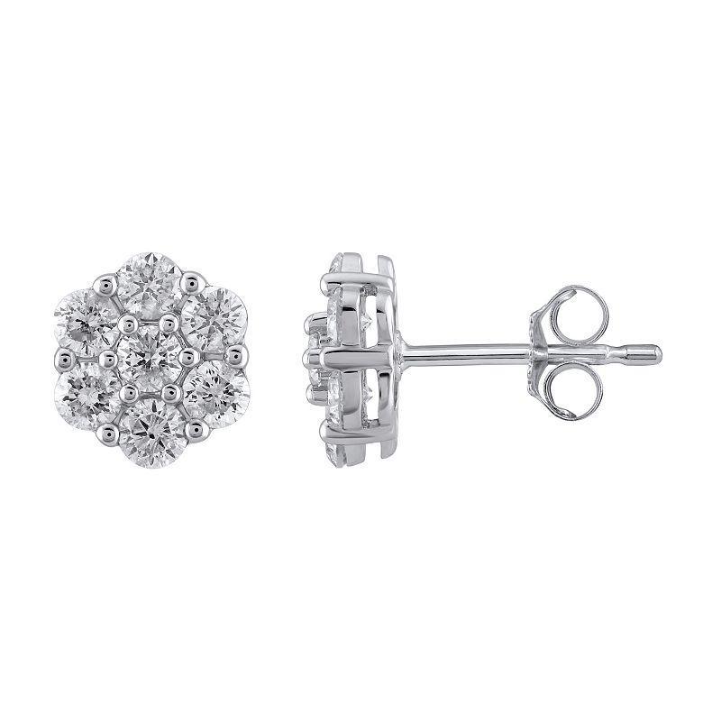 Yours and Mined 10k White Gold 1 Carat T.W. Diamond Cluster Stud Earrings, Womens, 10k Gold Product Image