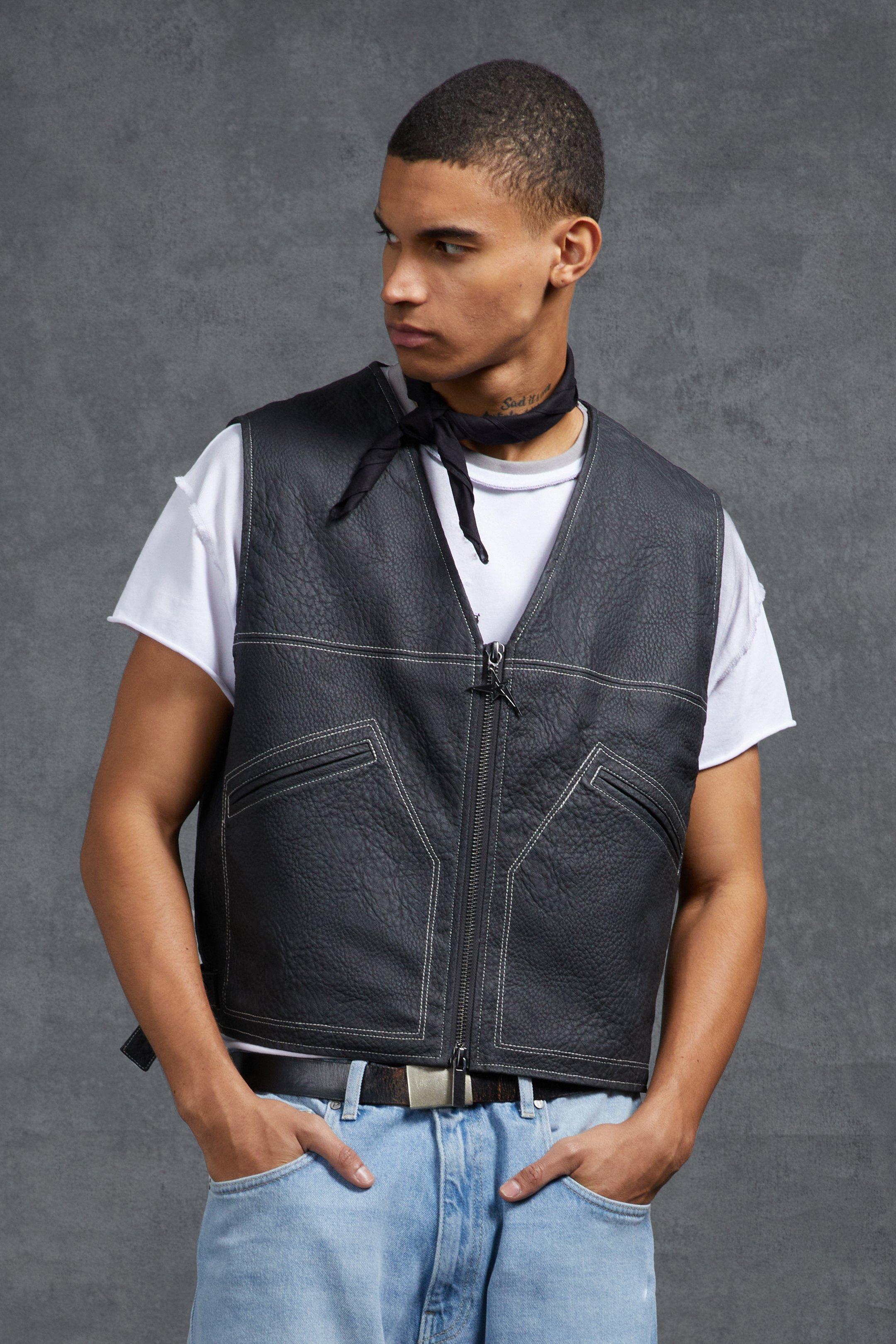 P-Star Textured Faux Leather Utility Vest | boohooMAN USA Product Image