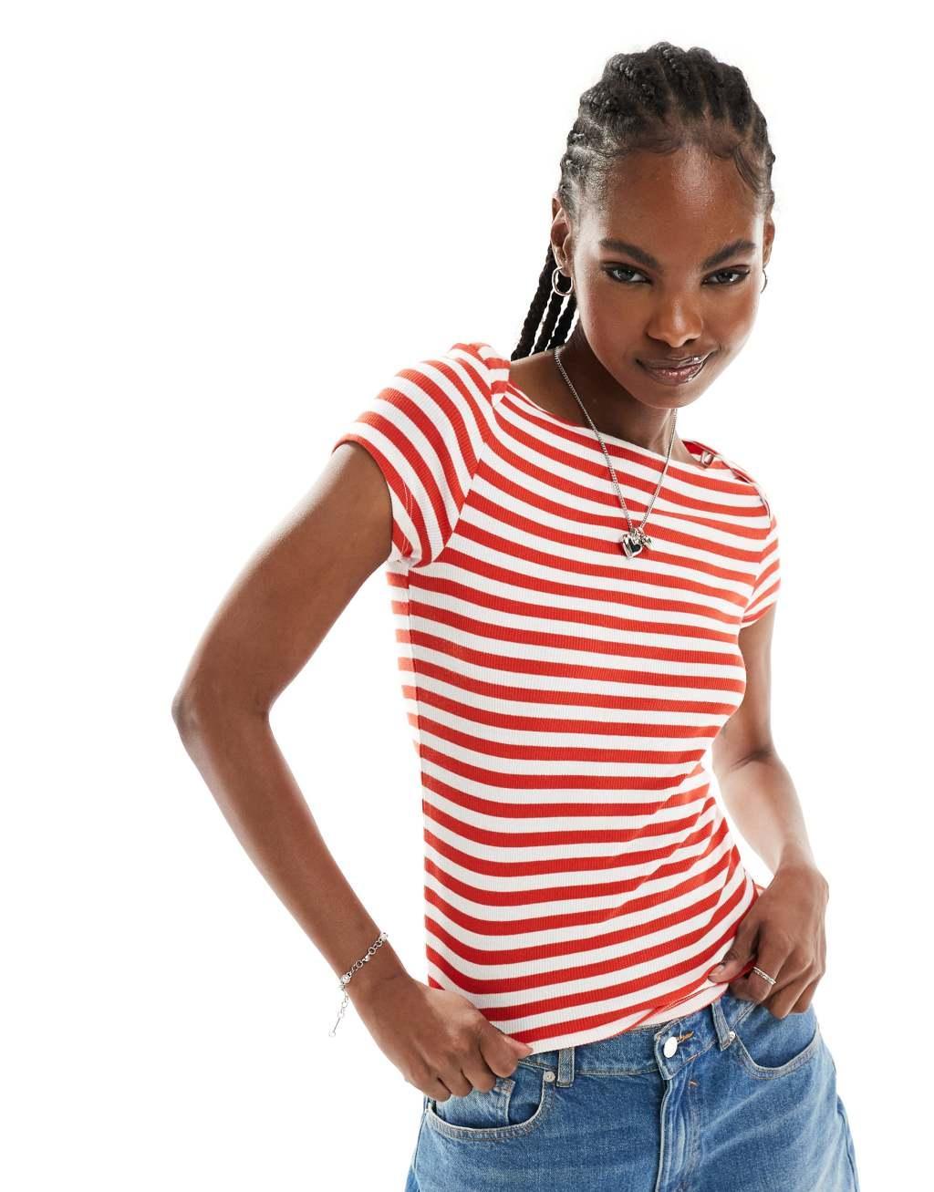 Monki fitted short sleeve top with boat neck in red and white stripes Product Image