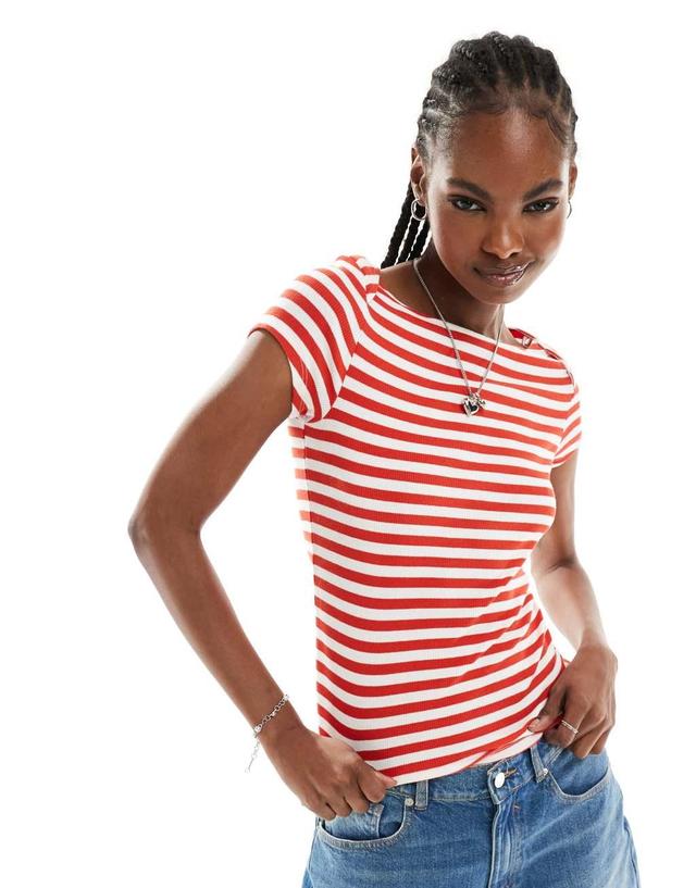 Monki fitted short sleeve top with boat neck in red and white stripes Product Image