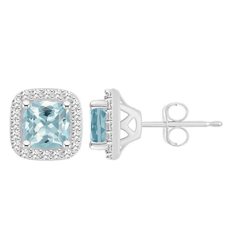 Aquamarine (1 ct. t.w.) & Diamond (1/5 ct. t.w.) Cushion Halo Stud Earrings in Sterling Silver Product Image