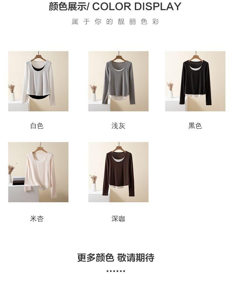 Long-Sleeve Scoop Neck Mock Two-Piece Two Tone Tee Product Image