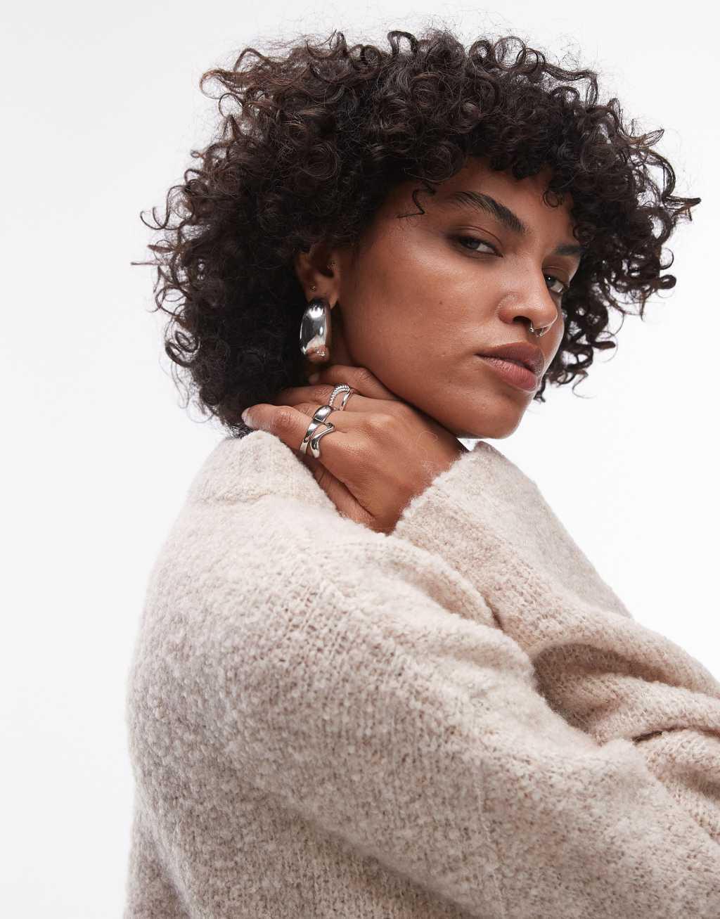 Topshop knitted boucle crew sweater in stone Product Image