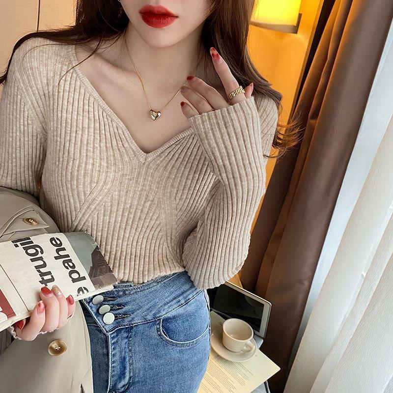 Long-Sleeve Notch Neck Plain Ribbed Slim Fit Crop Knit Top Product Image