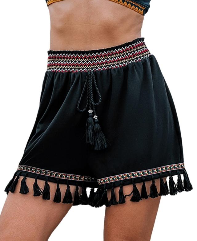 Cupshe Womens Black Elastic Waist Tassel Hem Straight Leg Shorts Product Image