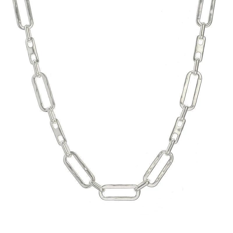 Bella Uno Worn Silver Hammered Paperclip Necklace, Womens Silver Tone Product Image