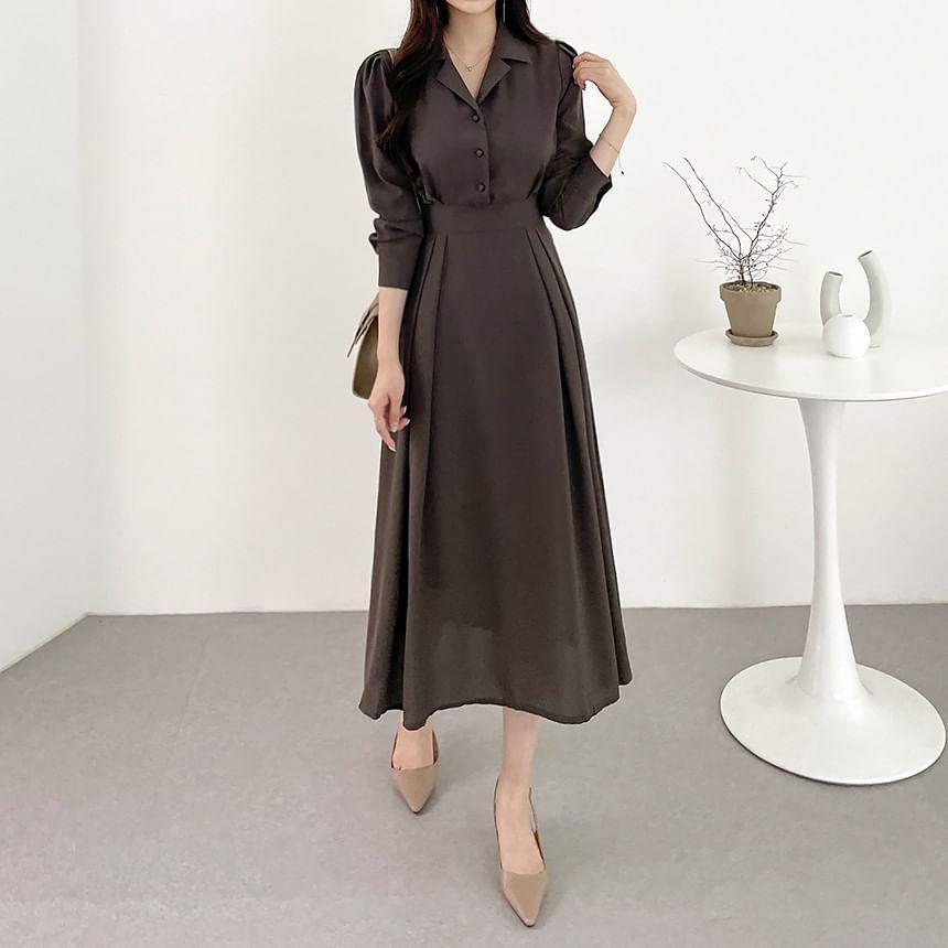 Long-Sleeve Plain Midi A-Line Shirt Dress Product Image