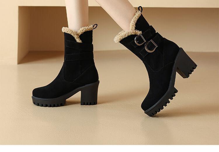 Chunky Heel Fleece-Lined Buckled Short Boots Product Image