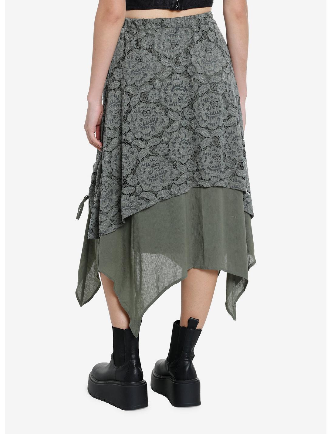 Thorn & Fable Green Lace Layered Ruched Midi Skirt Product Image