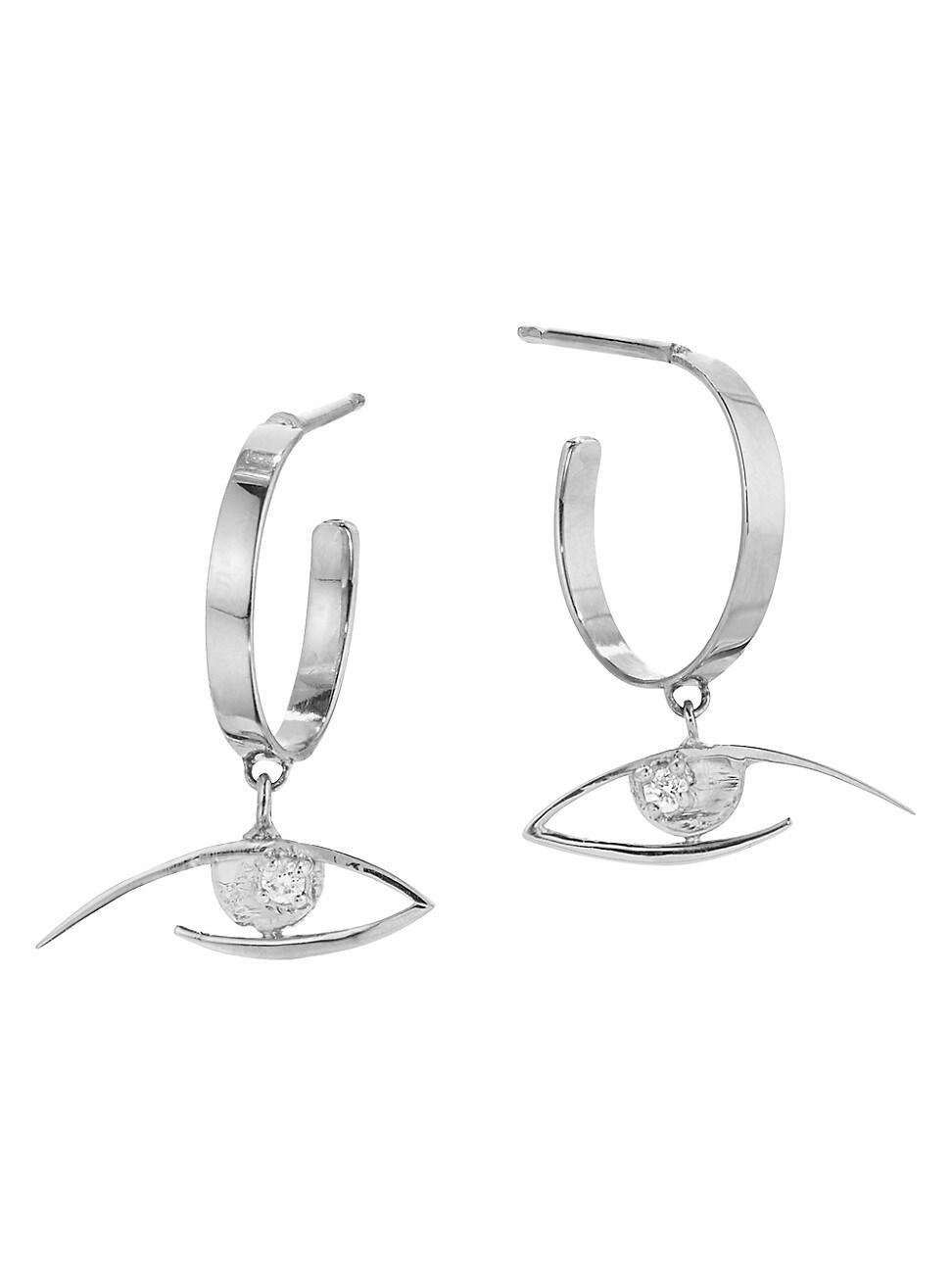 Womens 14K White Gold & Diamond Evil Eye Huggie Hoop Earrings Product Image