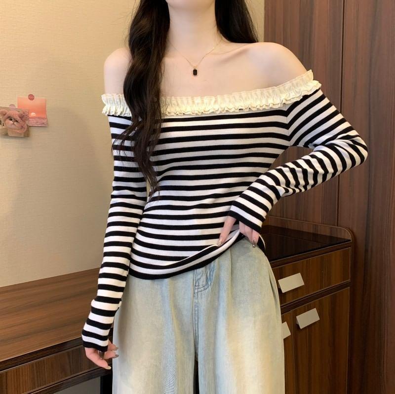 Long-Sleeve Off-Shoulder Ruffle Trim Slim Fit T-Shirt Product Image