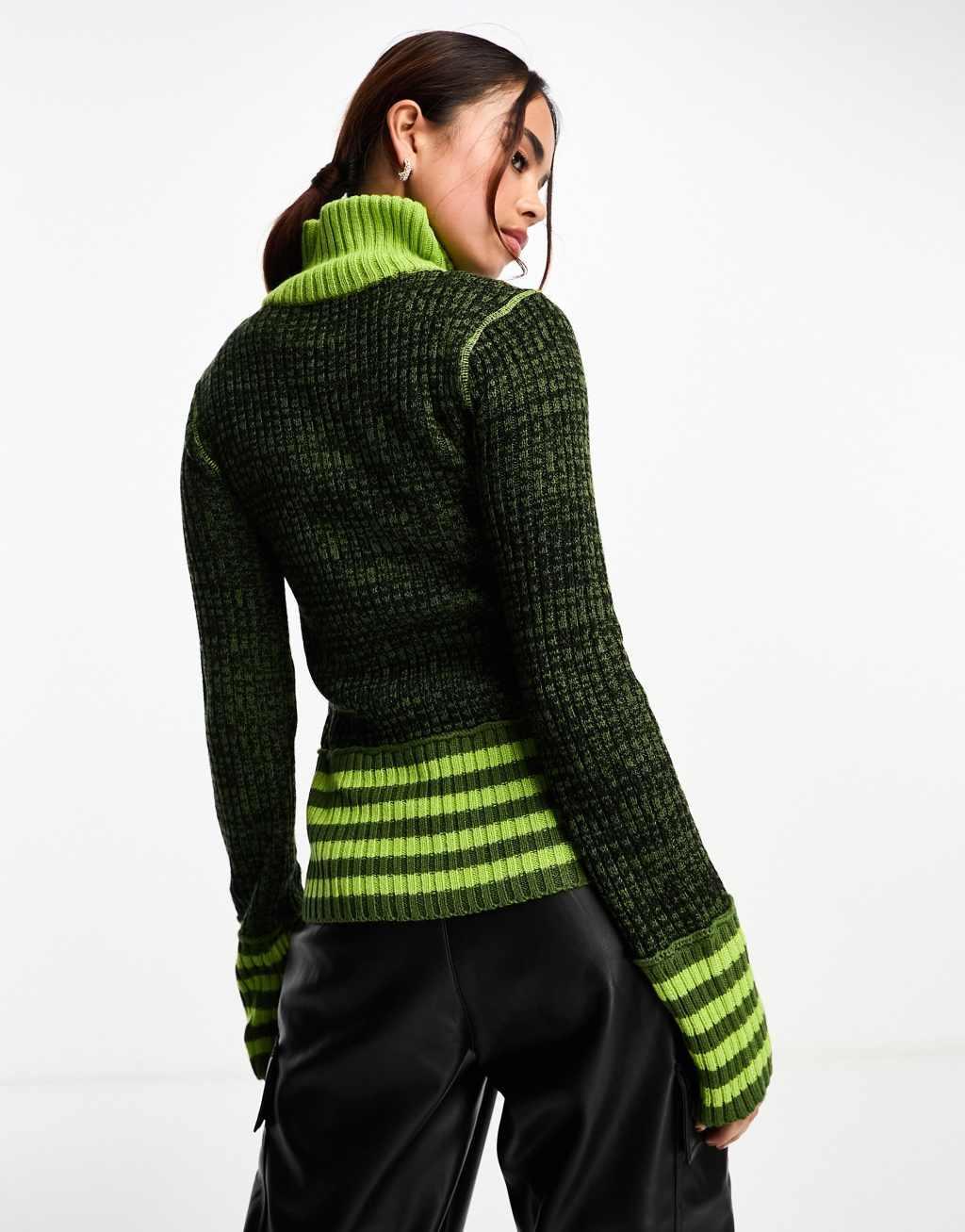 Basic Pleasure Mode stripe detail zip up knit cardigan top in green Product Image