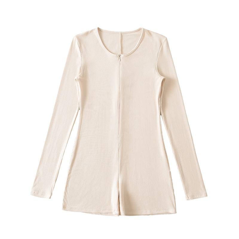 Long Sleeve Round Neck Plain Zip Romper Product Image