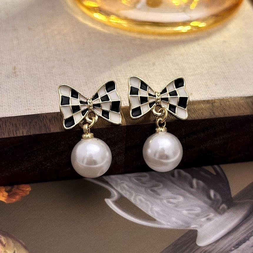 Plaid Bowknot Ball Drop Earring Product Image