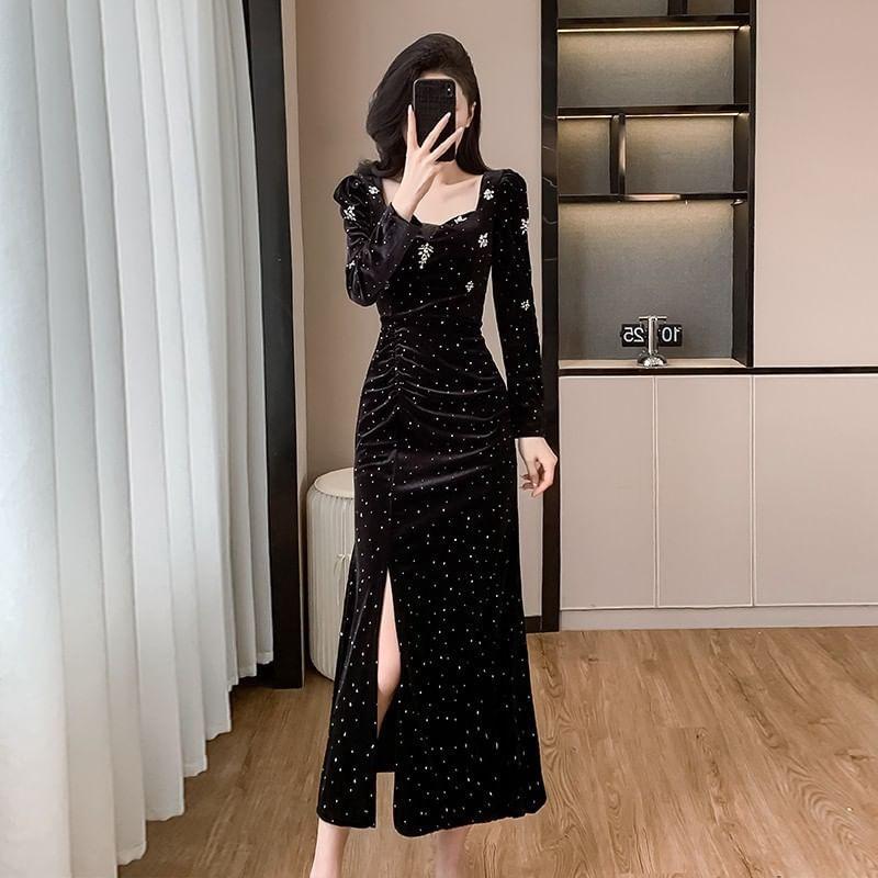 Long Sleeve Square Neck Dotted Embroidered Ruched Slit Bodycon Midi Dress Product Image