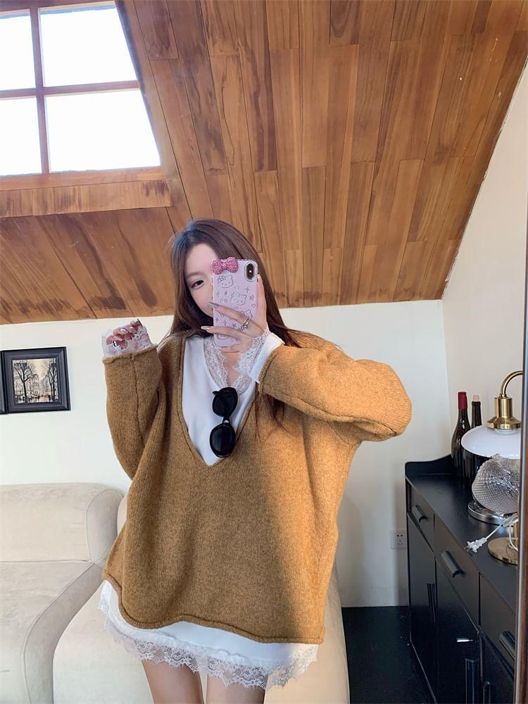 V-Neck Plain Oversized Sweater Product Image