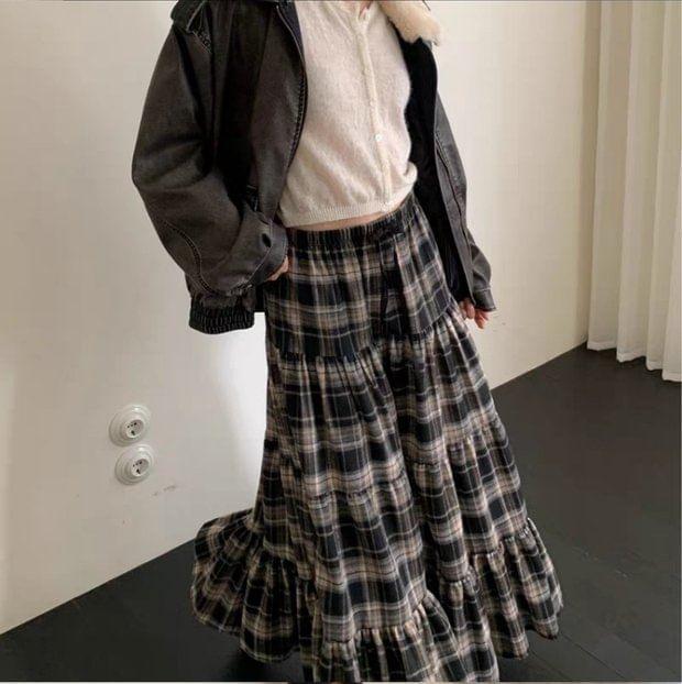 Elastic Waist Gingham Tiered Maxi Skirt Product Image