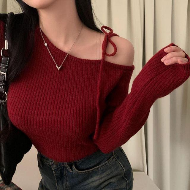 Long-Sleeve Cold Shoulder Plain Ribbed Knit Top Product Image