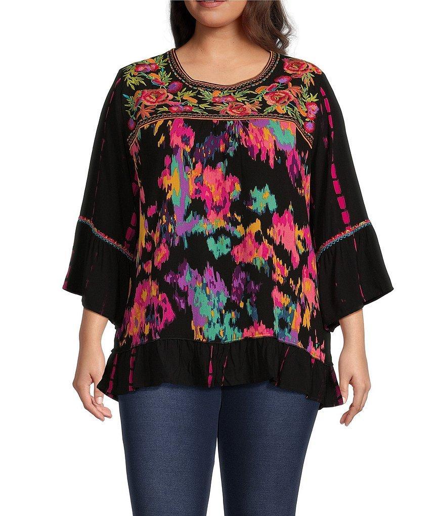 Calessa Plus Size Tie-Dye Woven Embroidered Detail Patchwork Print 3/4 Sleeve Tunic Product Image