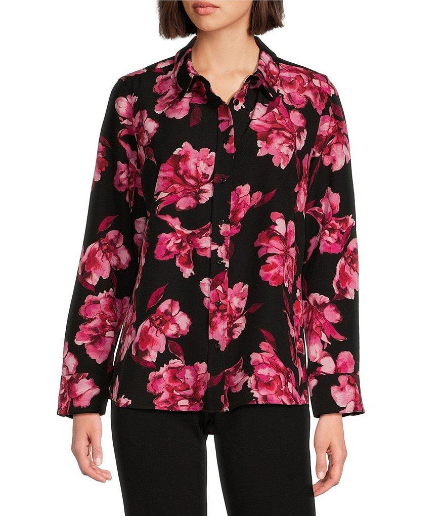 Investments Fluid Floral Print Woven Long Sleeve Button Front Point Collar Top Product Image