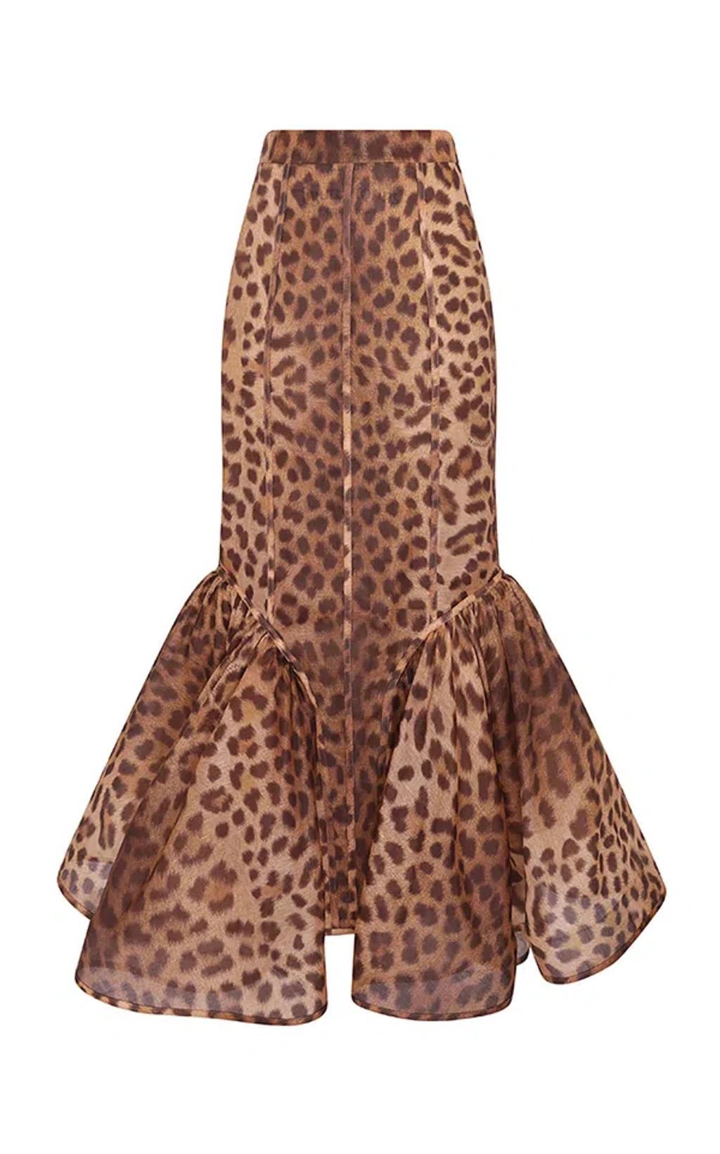 ZIMMERMANN Crush Flared Animal-print Linen-silk Midi Skirt In Brown Product Image