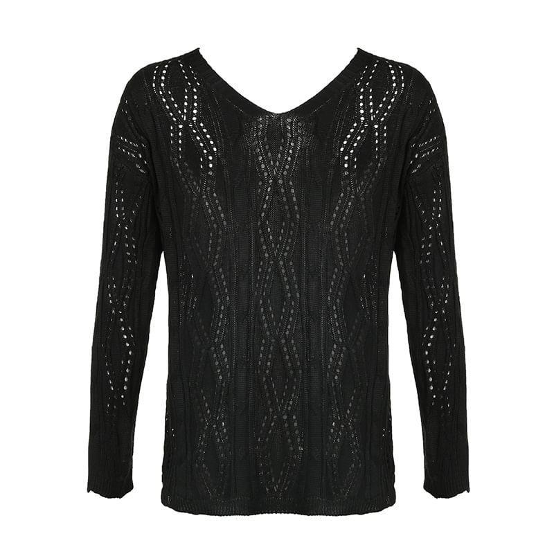 Long Sleeve V-Neck Plain Crochet Knit Loose-Fit Top Product Image