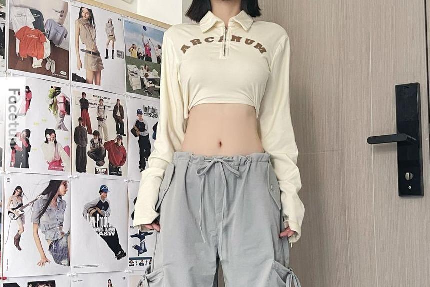 Drawstring Mid Rise Plain Baggy Cargo Pants Product Image