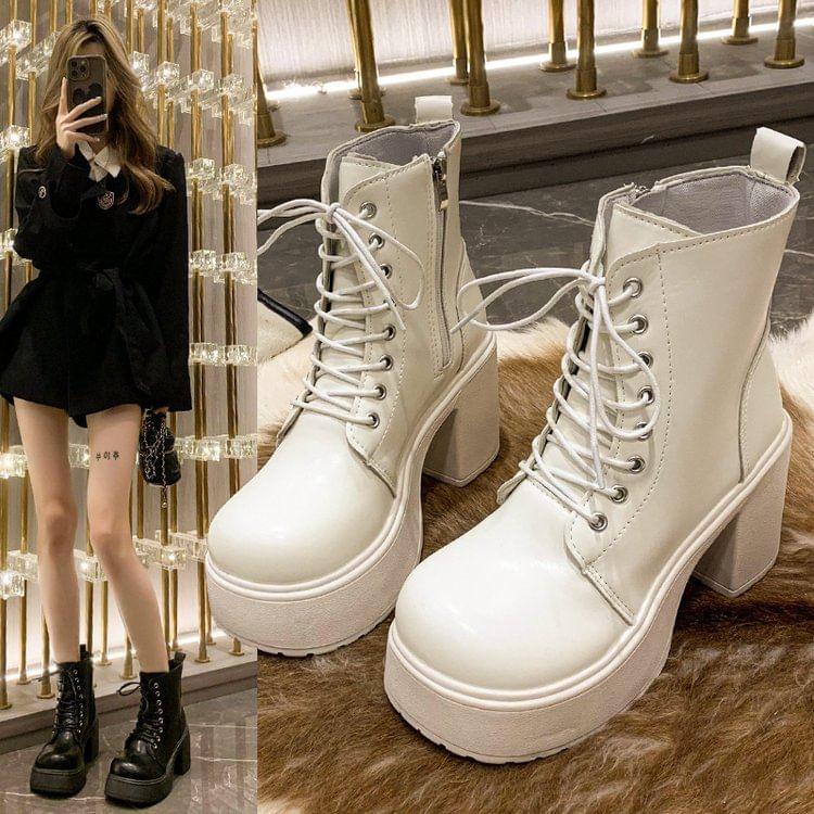 Faux Leather Block Heel Platform Short Boots Product Image