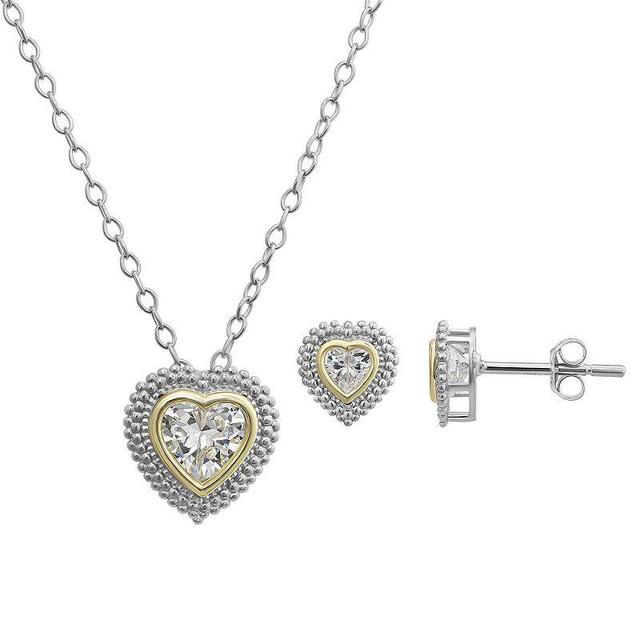 Taylor Grace 10k Gold & Sterling Silver Two-Tone Cubic Zirconia Vintage Heart Halo Necklace & Stud Earrings Set, Womens Product Image