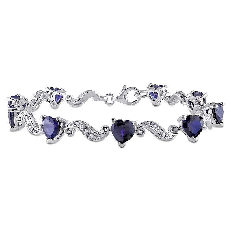 Stella Grace Sterling Silver Lab Created Sapphire & Diamond Accent Heart Link Bracelet, Womens Blue Product Image