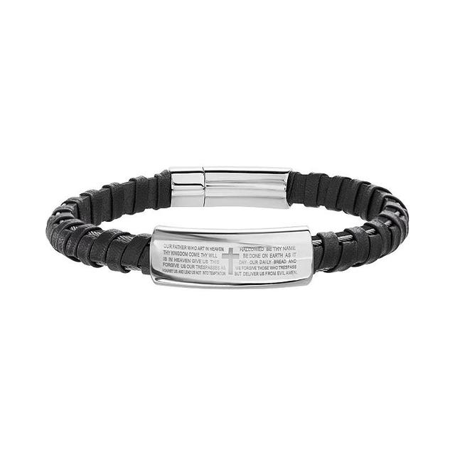 1913 Mens Vegan Leather Braided Bracelet with Stainless Steel Lords Prayer Plate Black Product Image