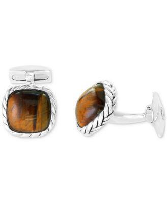 Effy Mens Tiger Eye Rope Framed Cufflinks in Sterling Silver Product Image