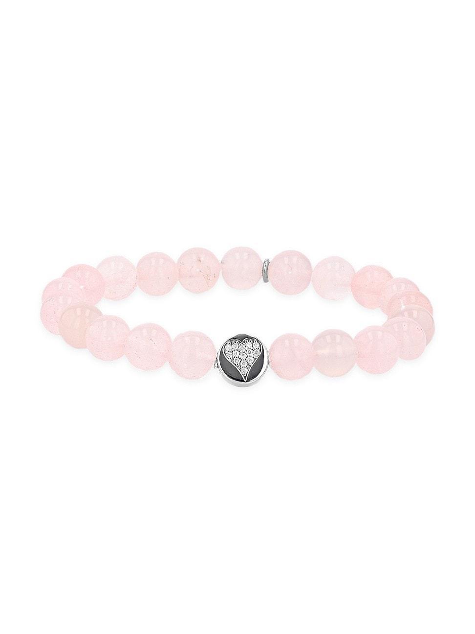 Womens Sterling Silver, Rose Quartz & 0.08 TCW Diamond Beaded Stretch Bracelet Product Image