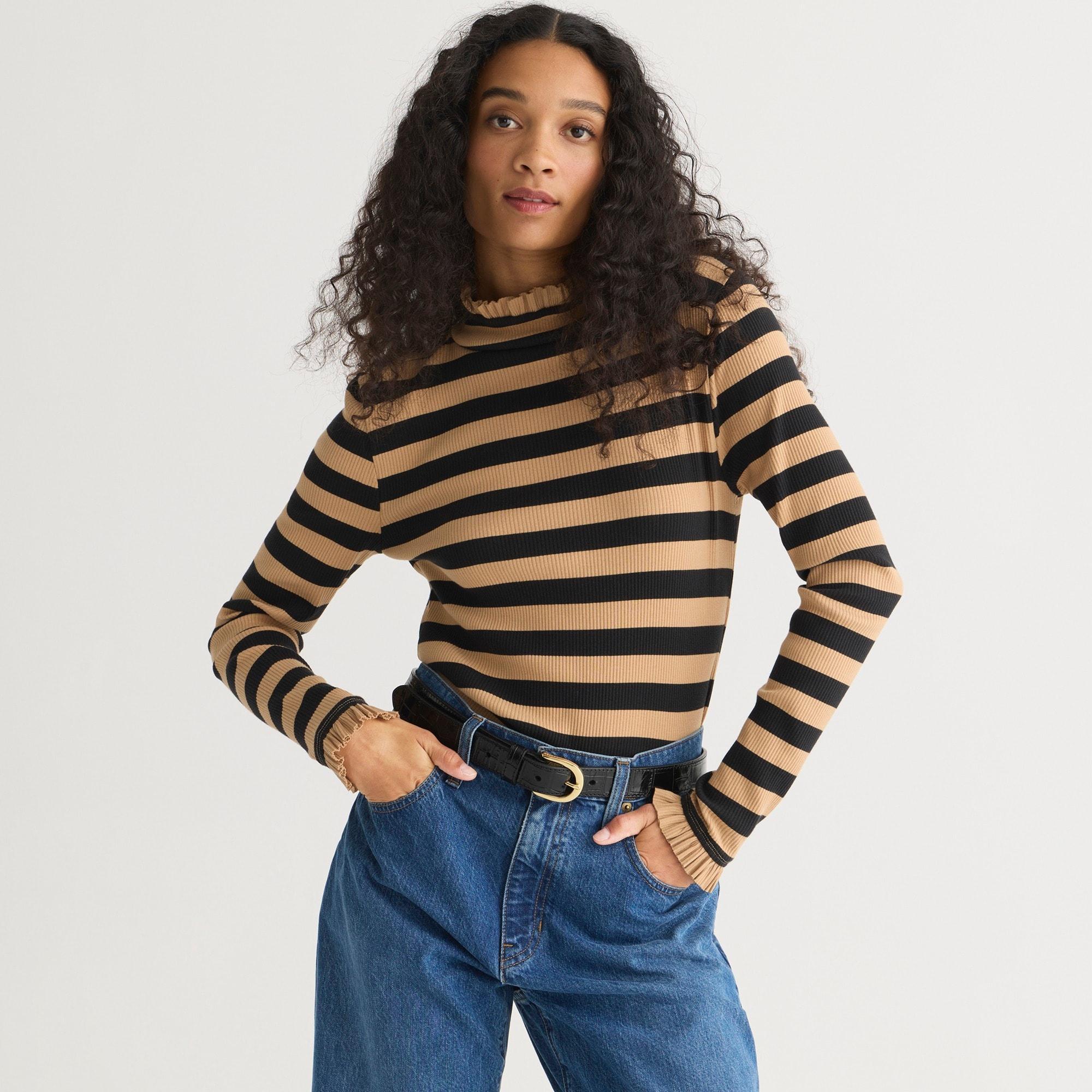 Vintage rib ruffle mockneck tee in stripe Product Image