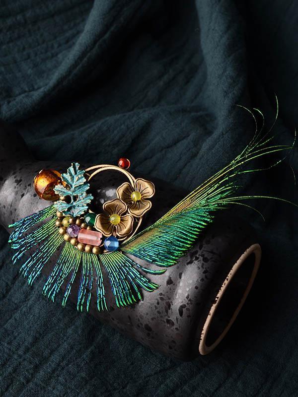 Vintage Peacock Feather Floral Brooch Product Image