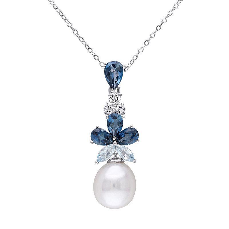 Stella Grace Sterling Silver Blue & White Topaz Freshwater Cultured Pearl Pendant, Womens Product Image