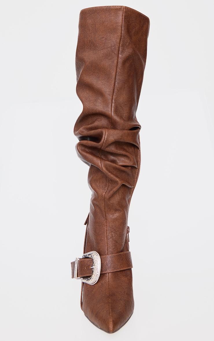 Brown Distressed Pu Point Toe Buckle Knee High Stiletto Heeled Boots Product Image