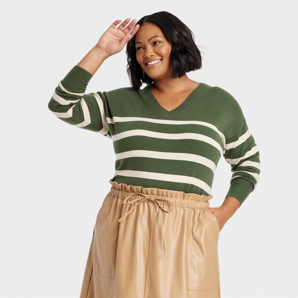 Womens Cozy Knit V-Neck Tunic Pullover Sweater - Ava & Viv Olive Striped 4X Product Image