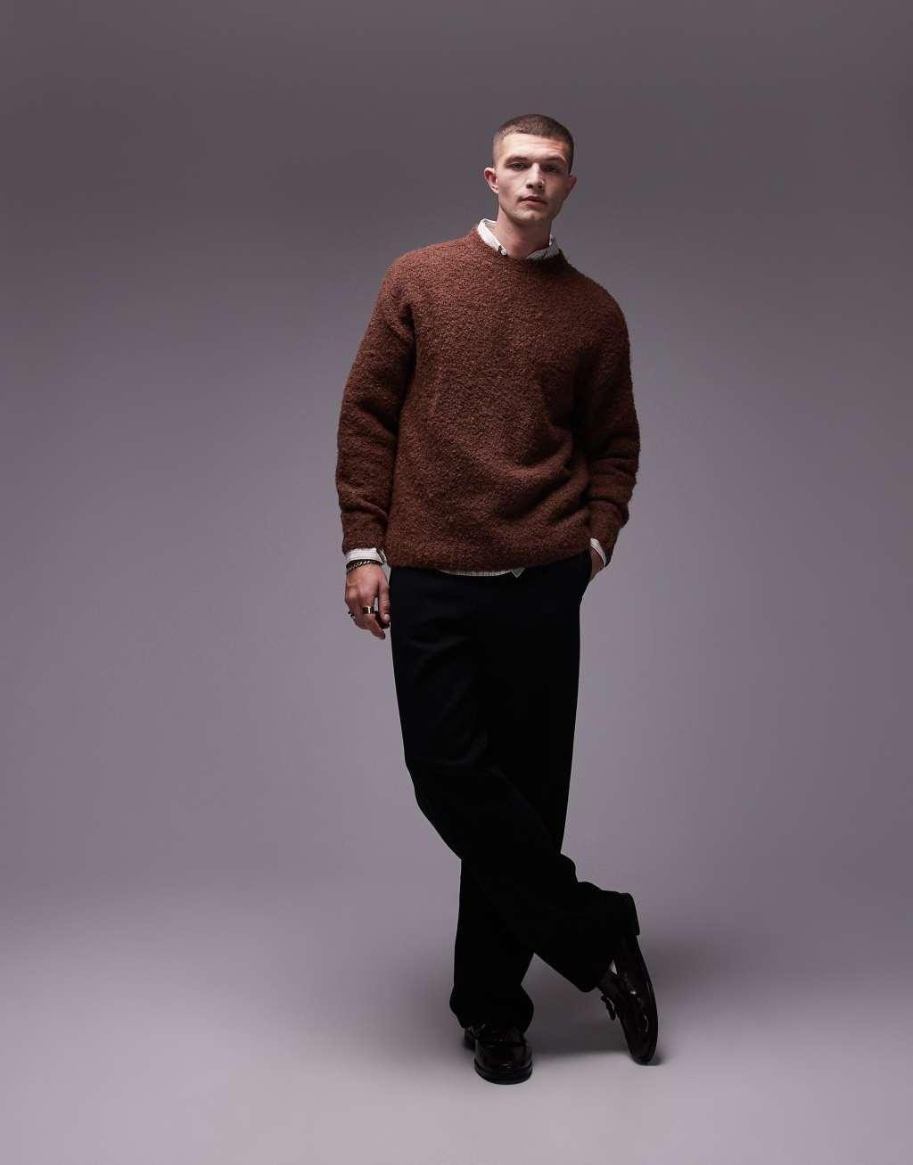 Topman relaxed fit boucle sweater in brown Product Image