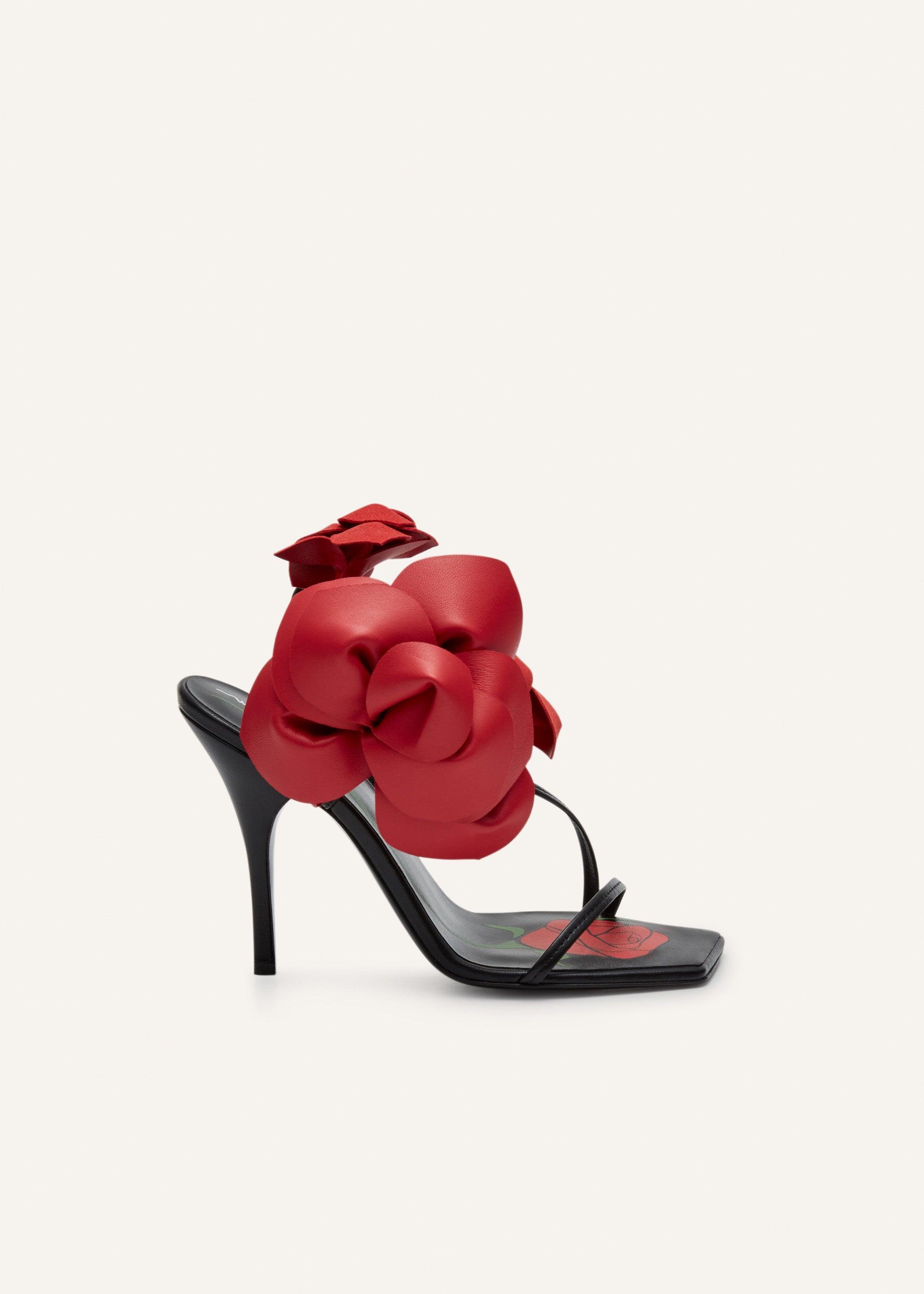 Rose appliqué leather sandals in black and red Product Image